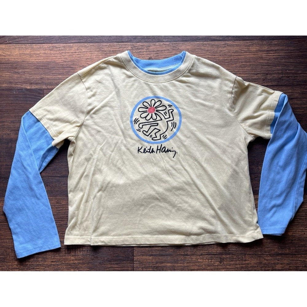Women's Keith Haring T-Shirt Yellow Blue Spell-Out M Tribe Street Art Rap NYC